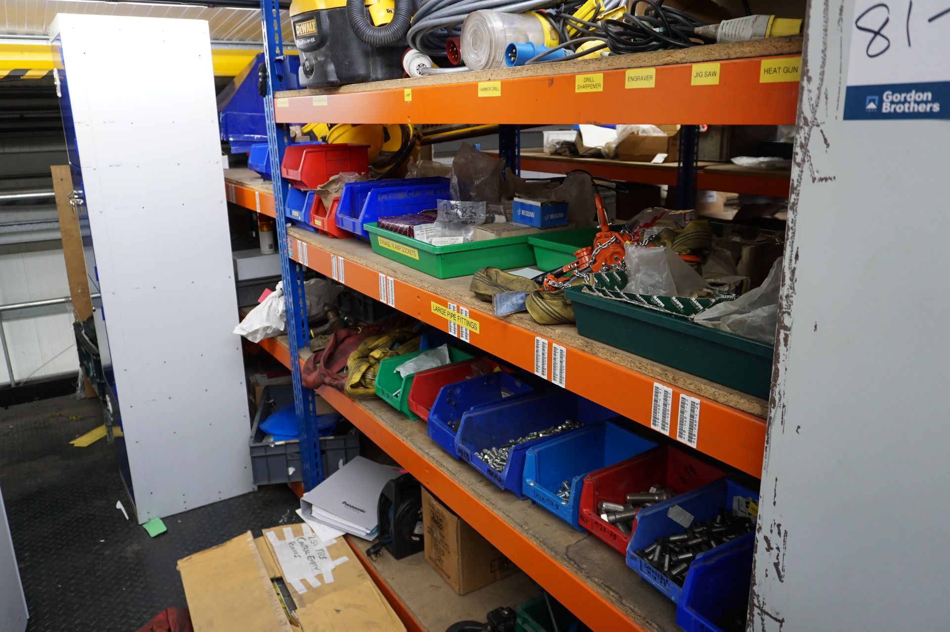 Contents of machinery spares stores to include: motors, light guards, nuts and bolts, washers, wirin