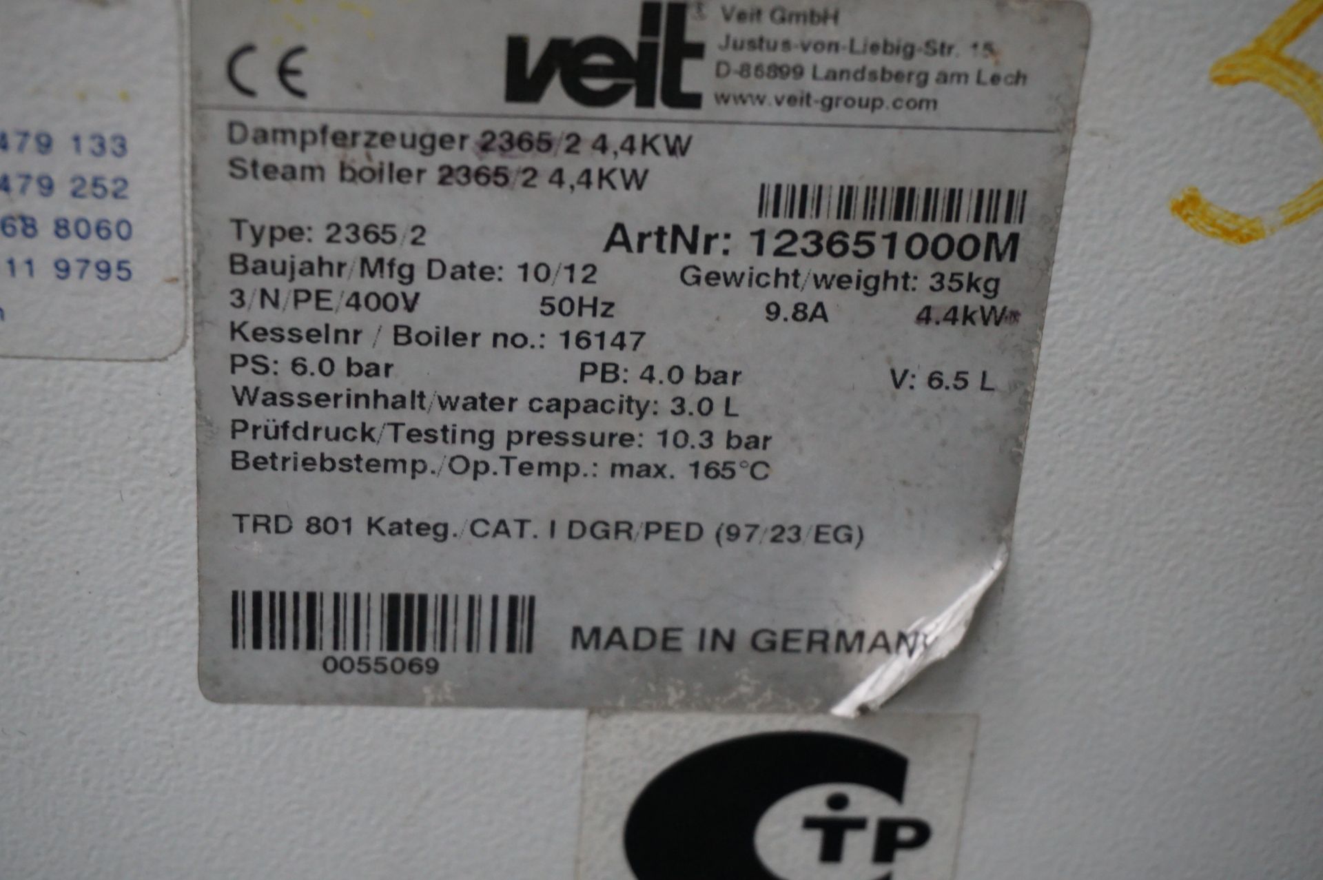 Veit 2365/2 mobile industrial steam boiler with Veit 2157 hand iron - Image 3 of 3