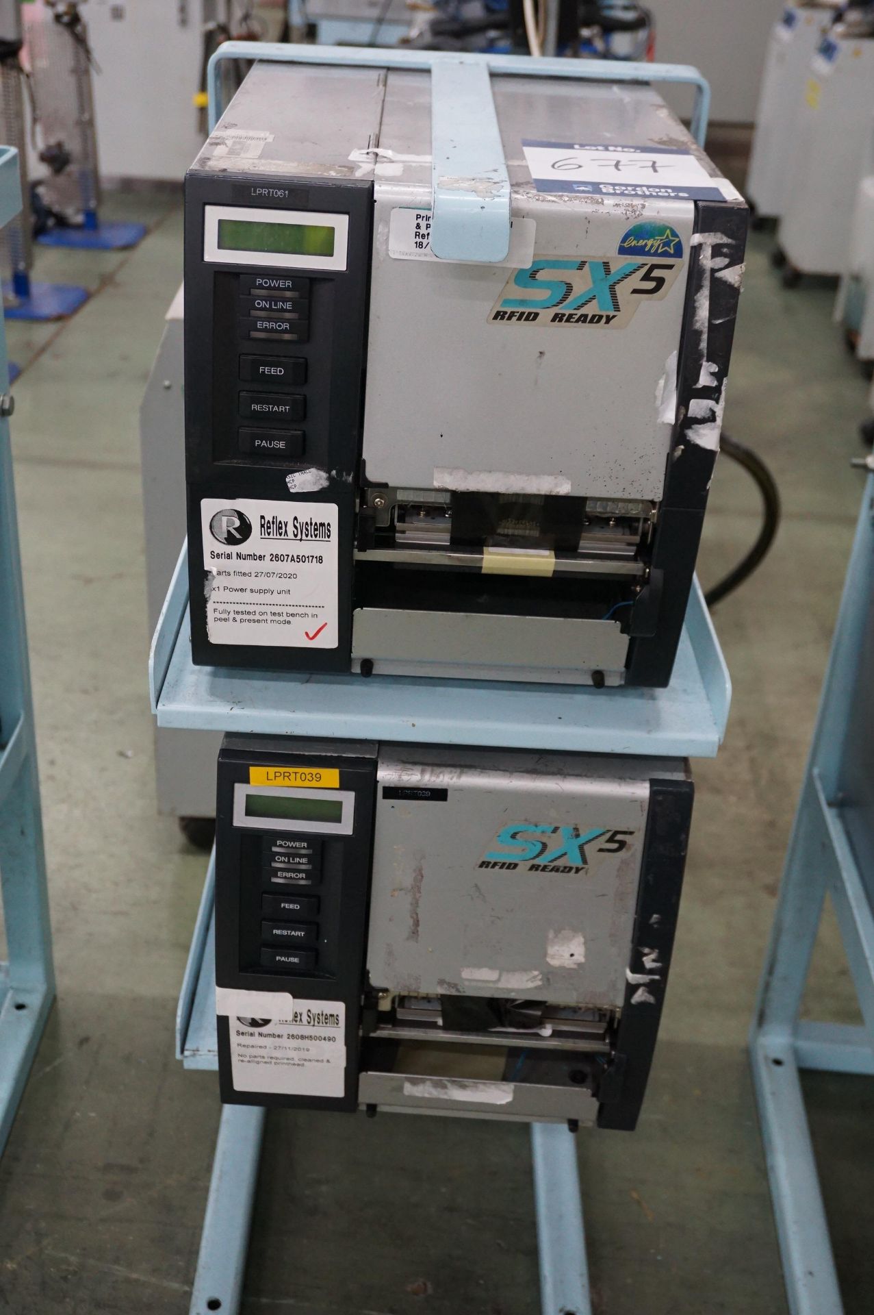 2 x Toshiba TEC B-SX5T-TS22-QM-R SX5 RFID ready barcode/label printers with stand