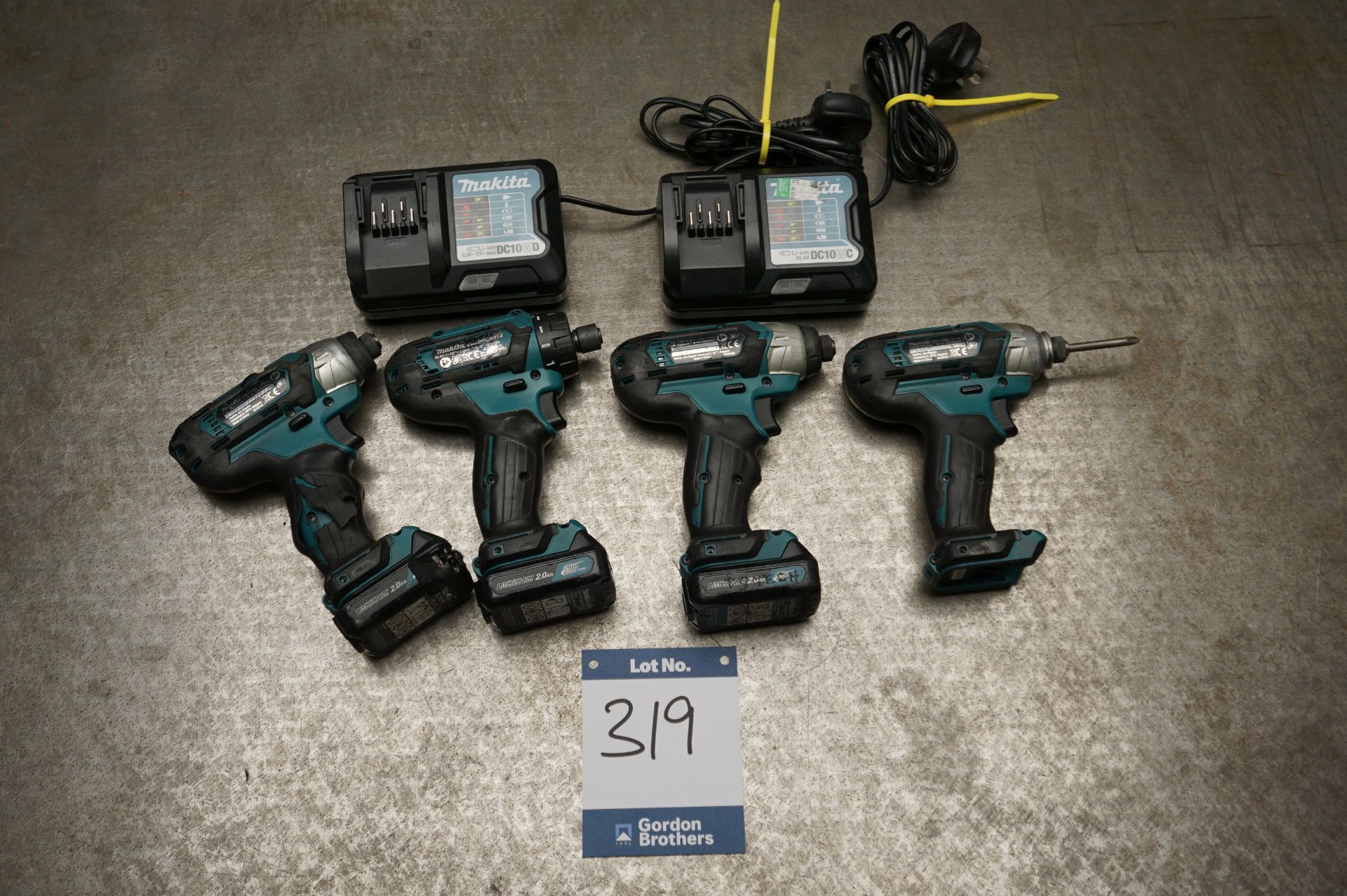 3 x Makita TD110D Cordless impact drivers and 1 x Makita DF603D cordless impact driver with 2 x char