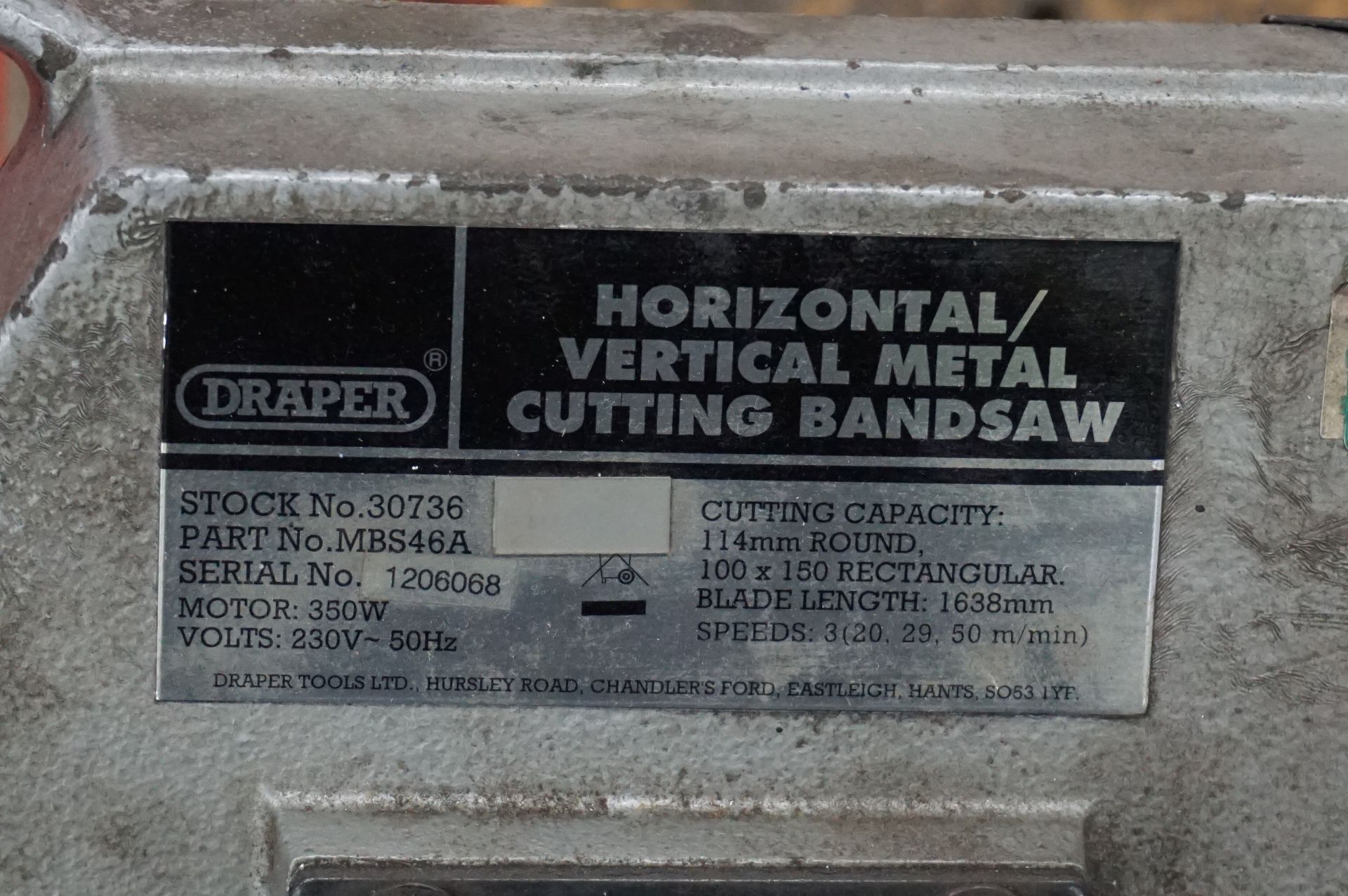 Draper MBS 46A horizontal/vertical metal cutting bandsaw - Image 4 of 4