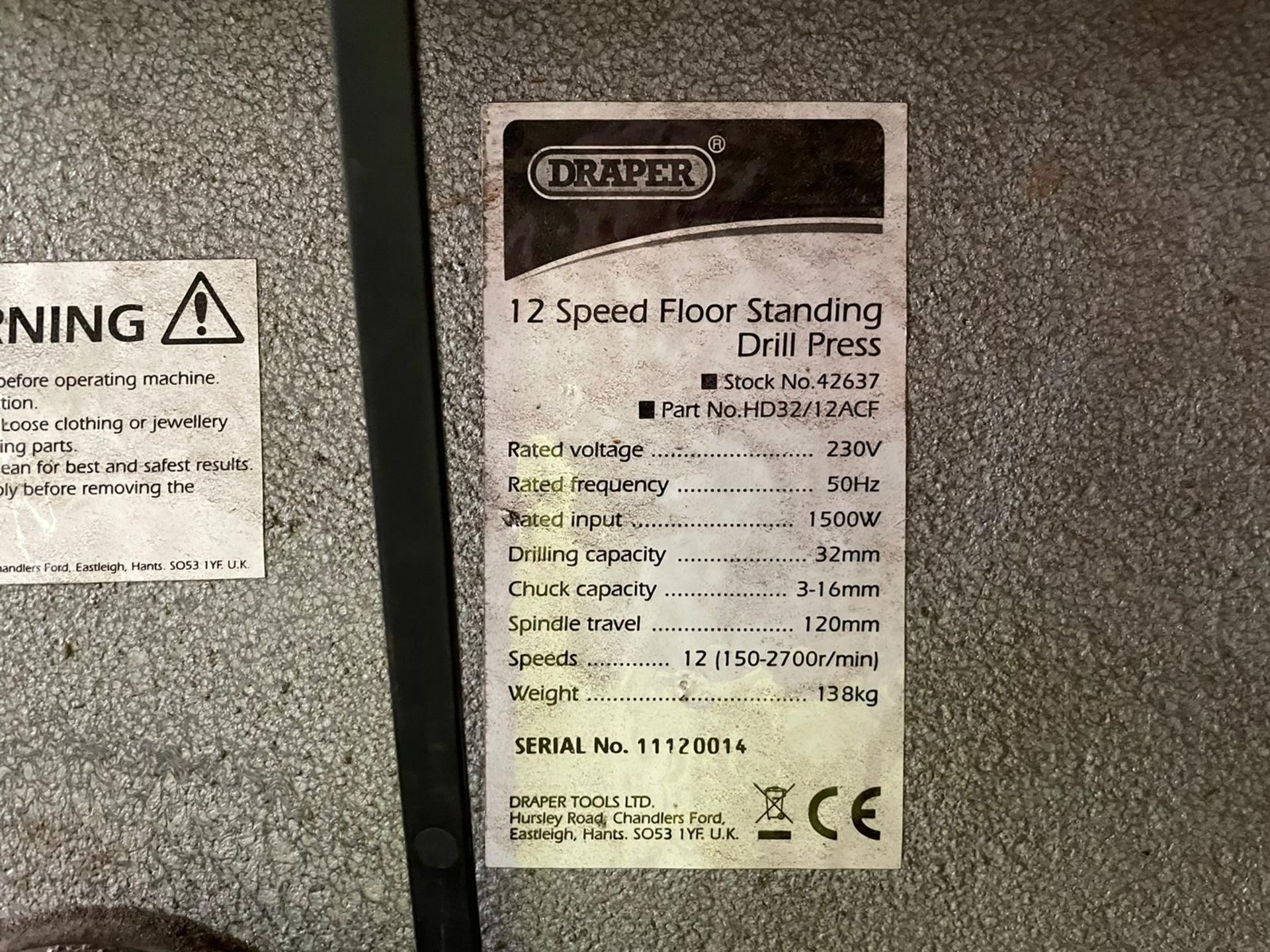 Draper 12 Speed Floor Standing Drill 240v - Image 3 of 3