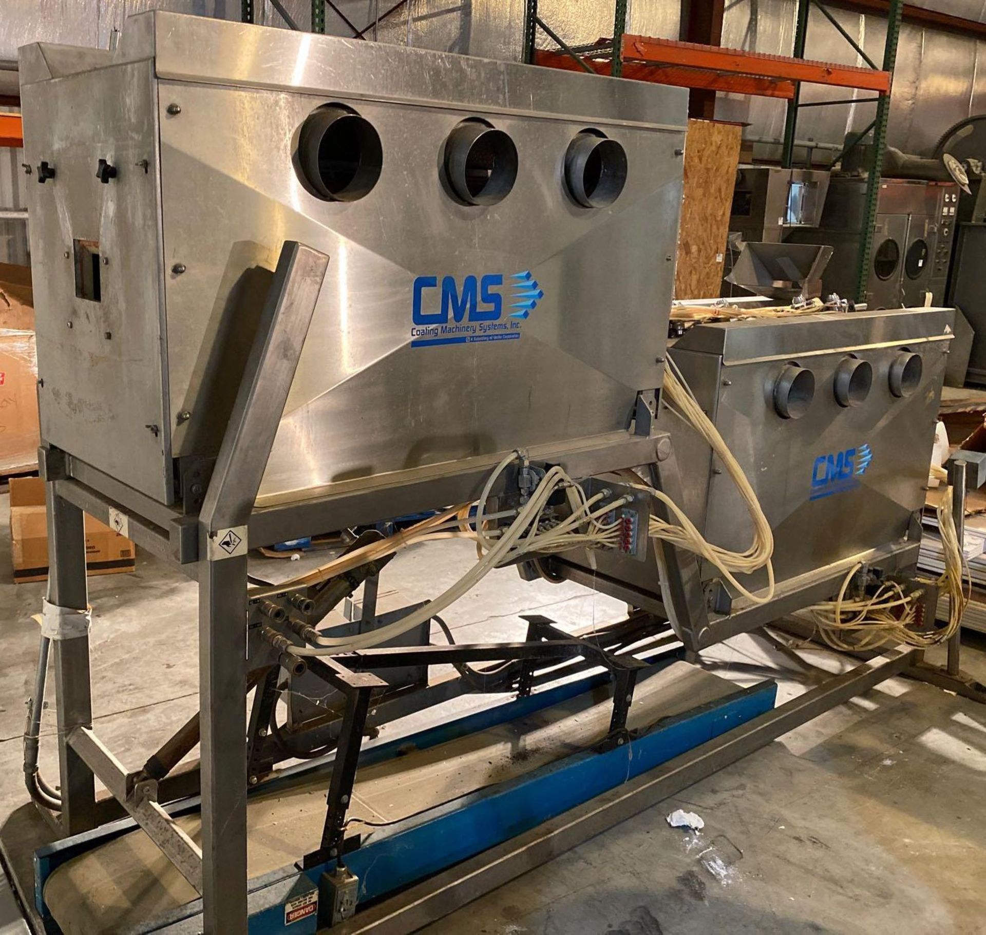 CMS Continuous Coating System, Tumbler, Dryer, Conveyor on Stainless Frame/Crouse-Hinds Switches