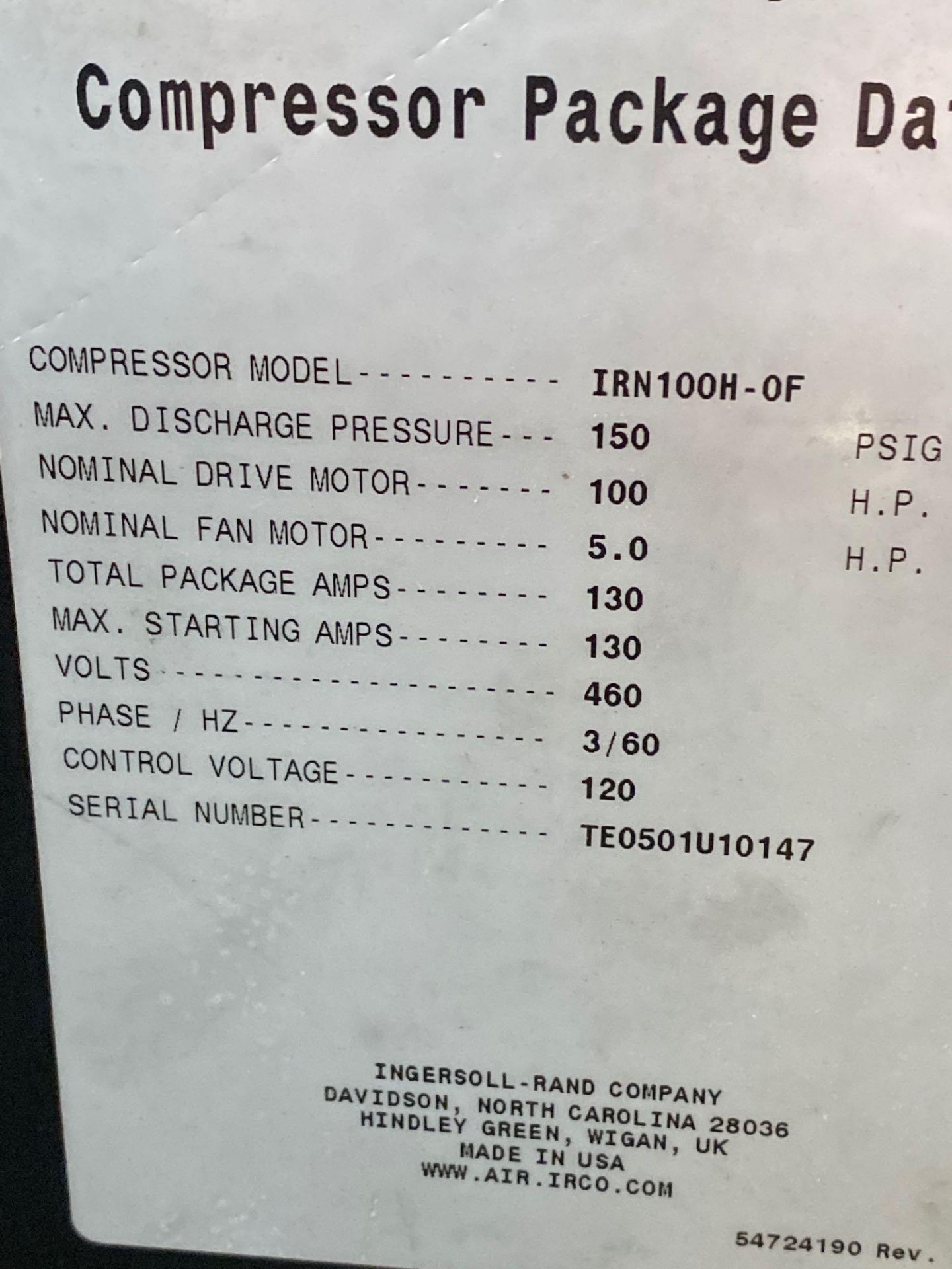 Ingersoll Rand Compressor IRN100H-0F - Image 4 of 12