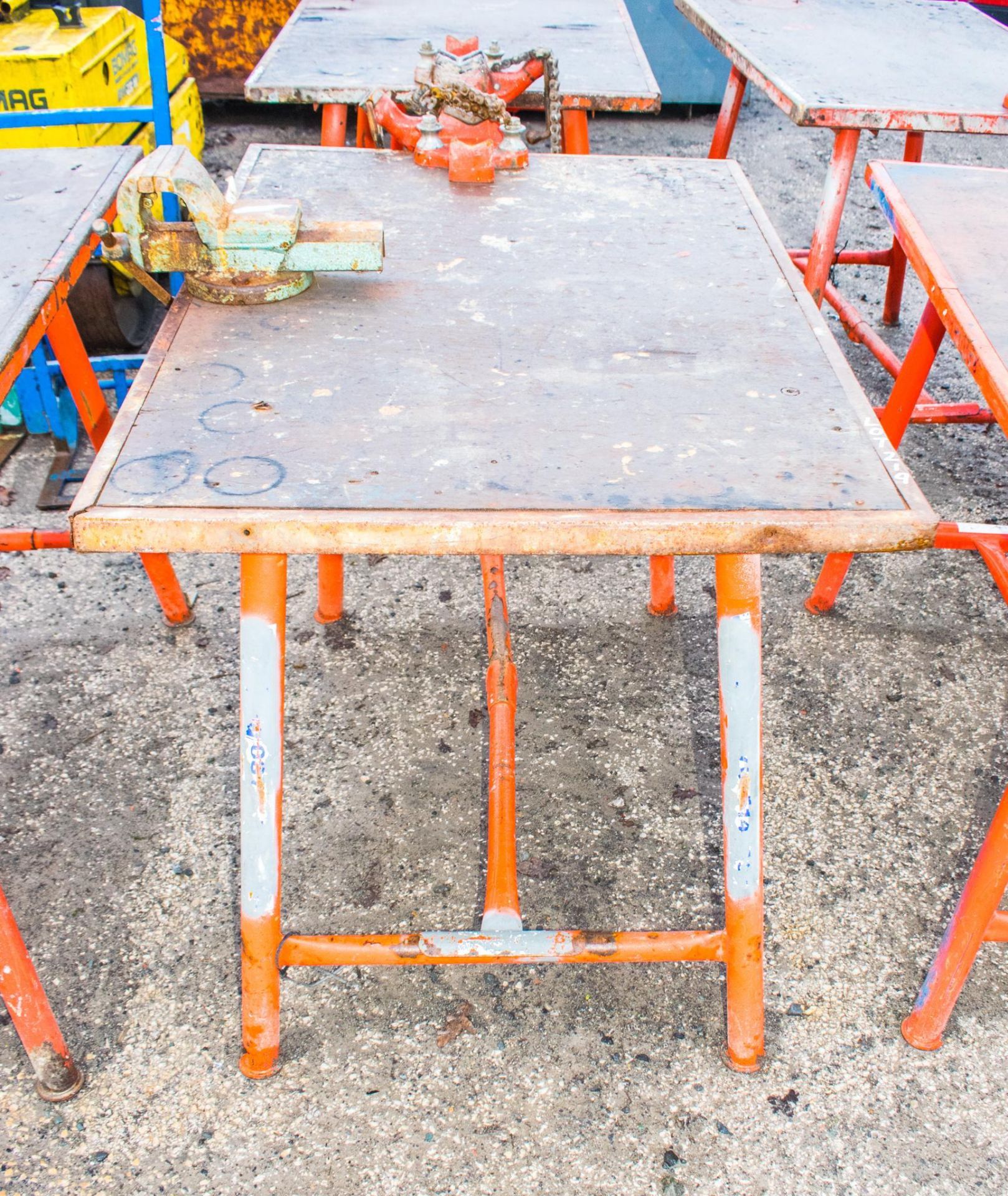 Collapsible steel work bench c/w pipe & engineers vices