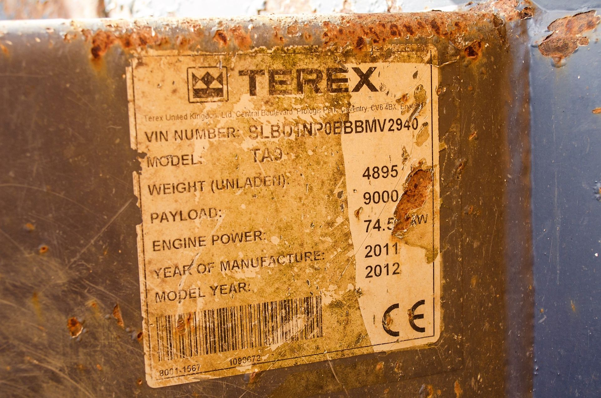 Terex 9 tonne straight skip dumper Year: 2011 S/N: BBMV2940 Recorded Hours: Not displayed D1465 - Image 21 of 21