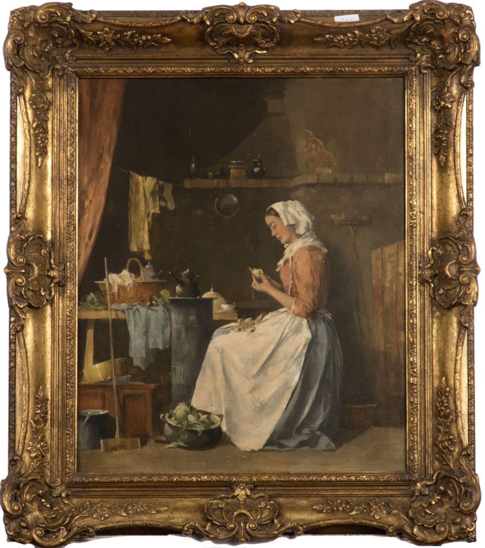 Unbekannter Malter des 19. Jh.Oel/Holzplatte. Frau beim Kartoffelschälen. 60 x 50 cm. Rahmen. 81 x