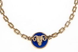 Collier mit Widderkopf750 er Gelbgold /Lapislazuli , 2 Rubine. Im Zentrum Gelbgold eingefasste