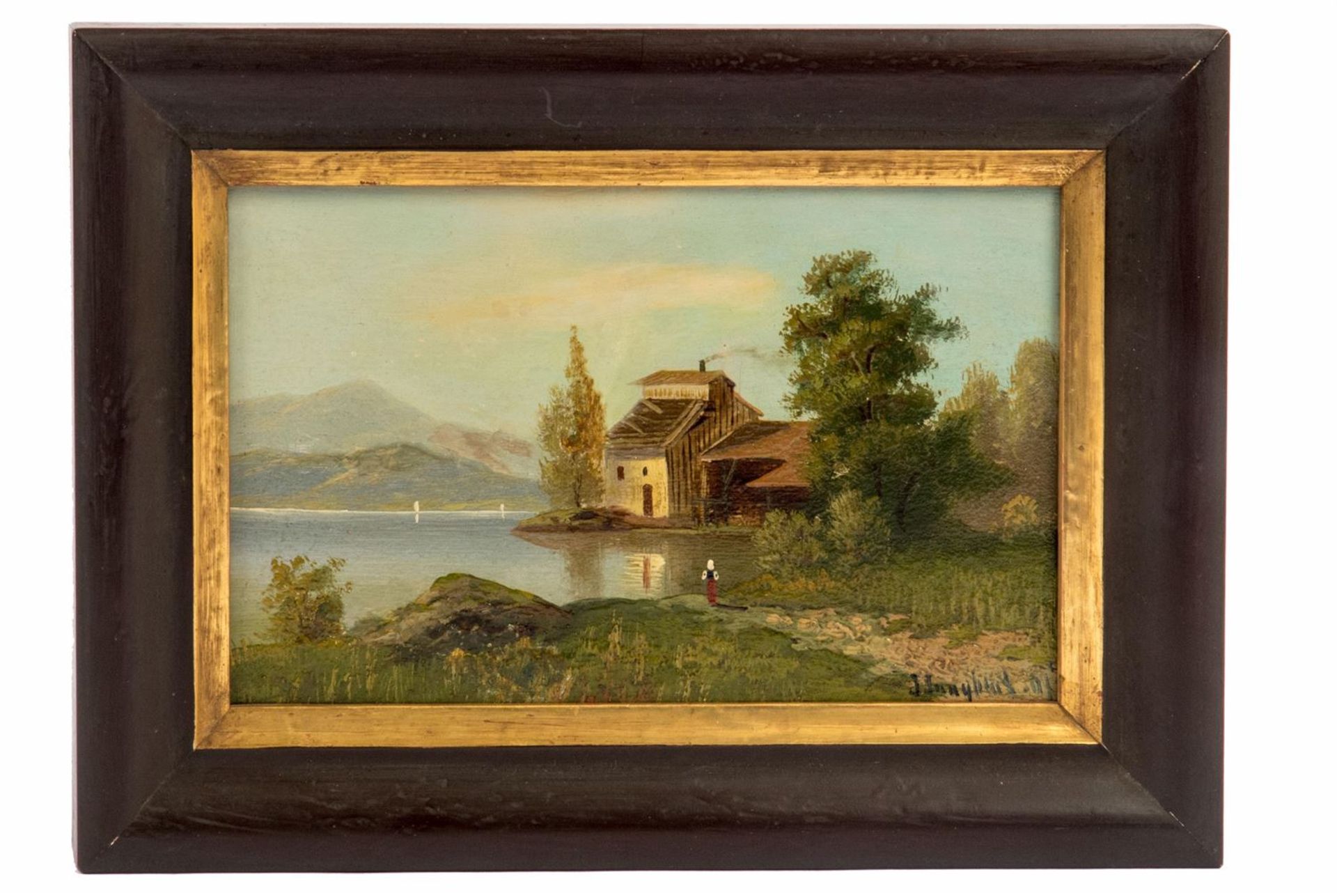 Jungblut, Johann (1860-1912)Oel/Holz. Kleine Binnenseelandschaft mit Anwesen und Staffage. Unten