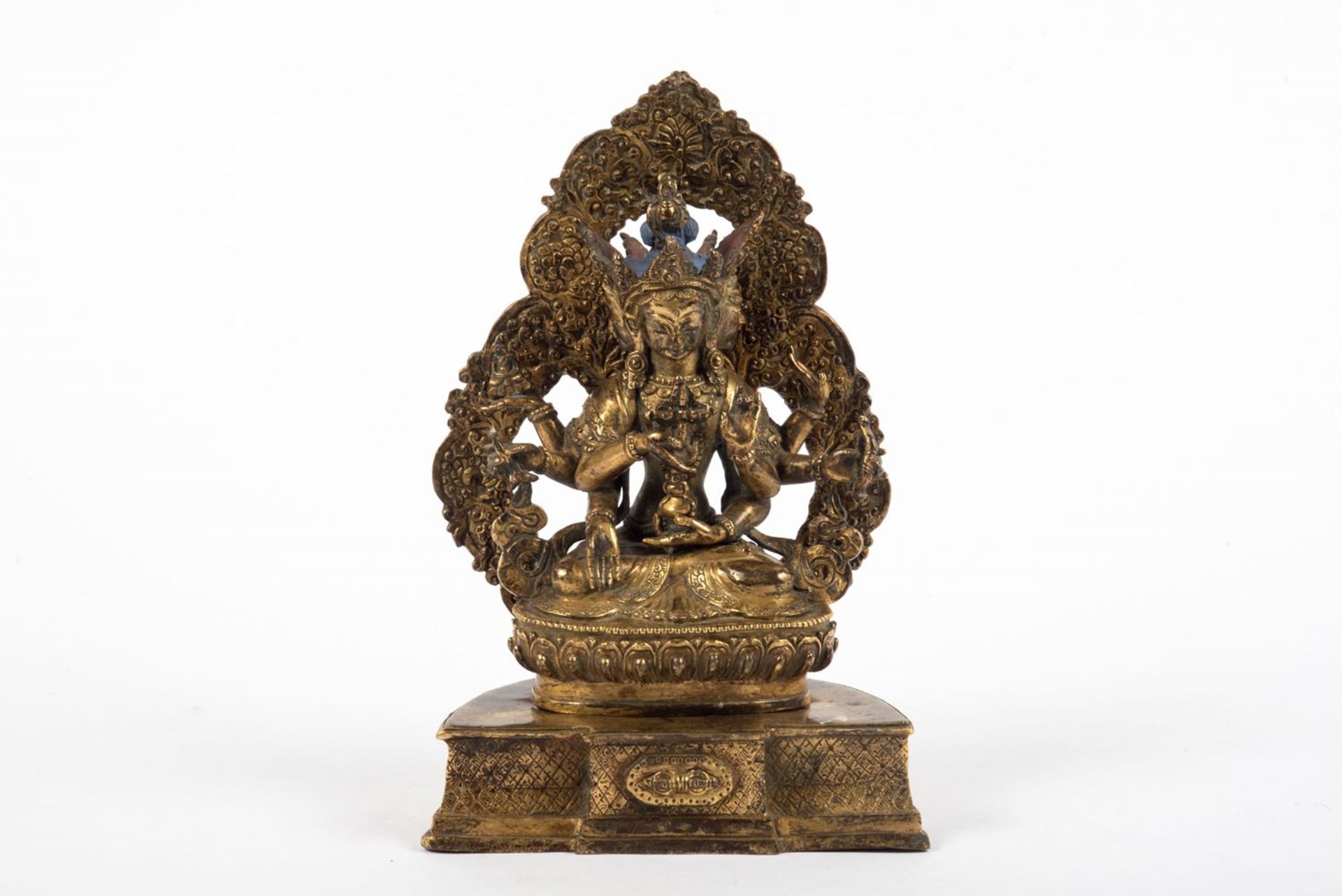 Buddha UsnisavijayaBronze vergoldet. Die Göttin der Erleuchtungserhöhung, mit drei Köpfen und acht