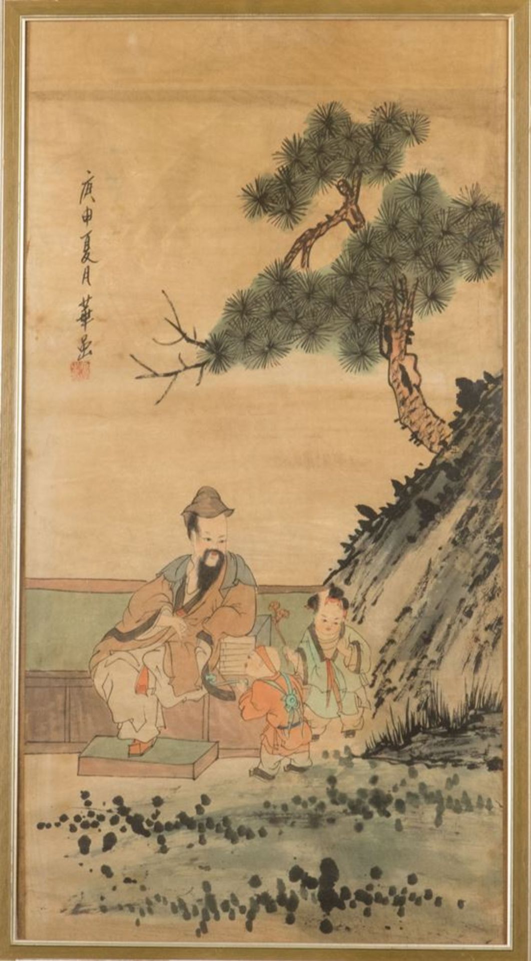HUA YAN (1682-1756), zugeschriebenAquarell auf Reispapier, Tinte, Farbe. Mann mit zwei Kindern.