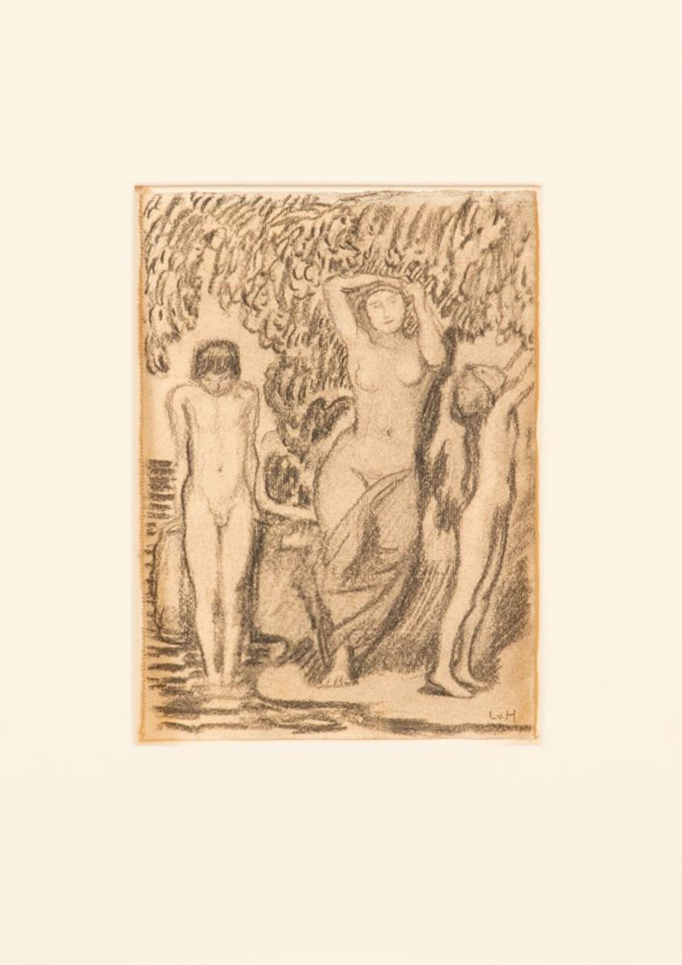 Hofmann , Ludwig von (1861 - 1945)Kohlezeichnung/Papier. Stehender Frauenakt mit zwei Kindern.