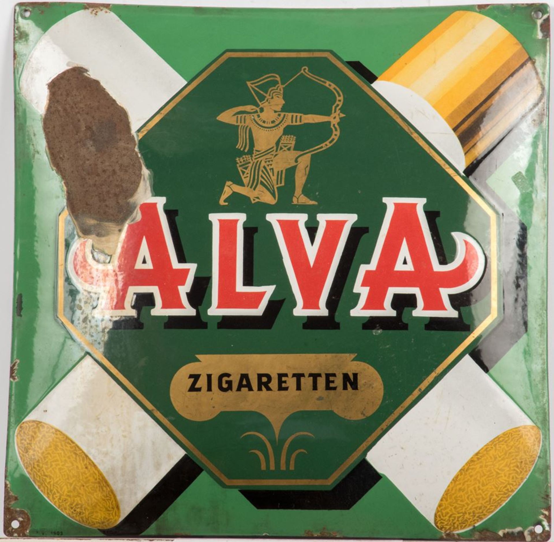 Werbeschild ALVA ZigarettenEmail gewölbt, 50 x 50 cm.