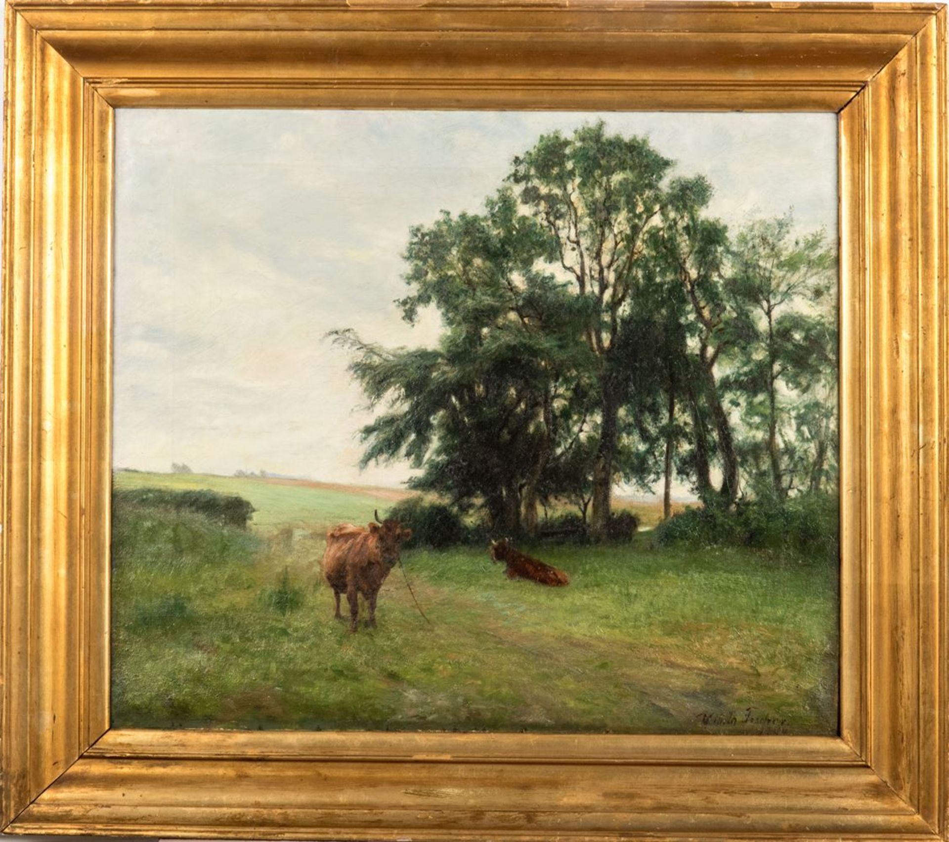 Fischer, Vihelm, Theodor (1857-1928) Dänischer MalerOel/Leinwand. Landschaft mit Kühen. Rechts unten