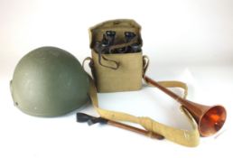 British Army helmet, WW2 binoculars, South-East Asian dagger, copper horn