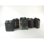 Six British Army 25 litre water storage jerry cans, in used condition, some painted