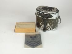 A German WW2 mess tin, unused WW2 German Feldpost postcard box and a US Navy uniform patch (3)