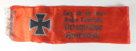 A German Third Reich silk funeral sash of rectangular form with tasselled ends, with silver leaf