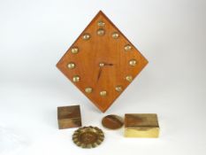 A wooden Quarts wall clock with twelve army buttons and batons, a brass State Express wood lined