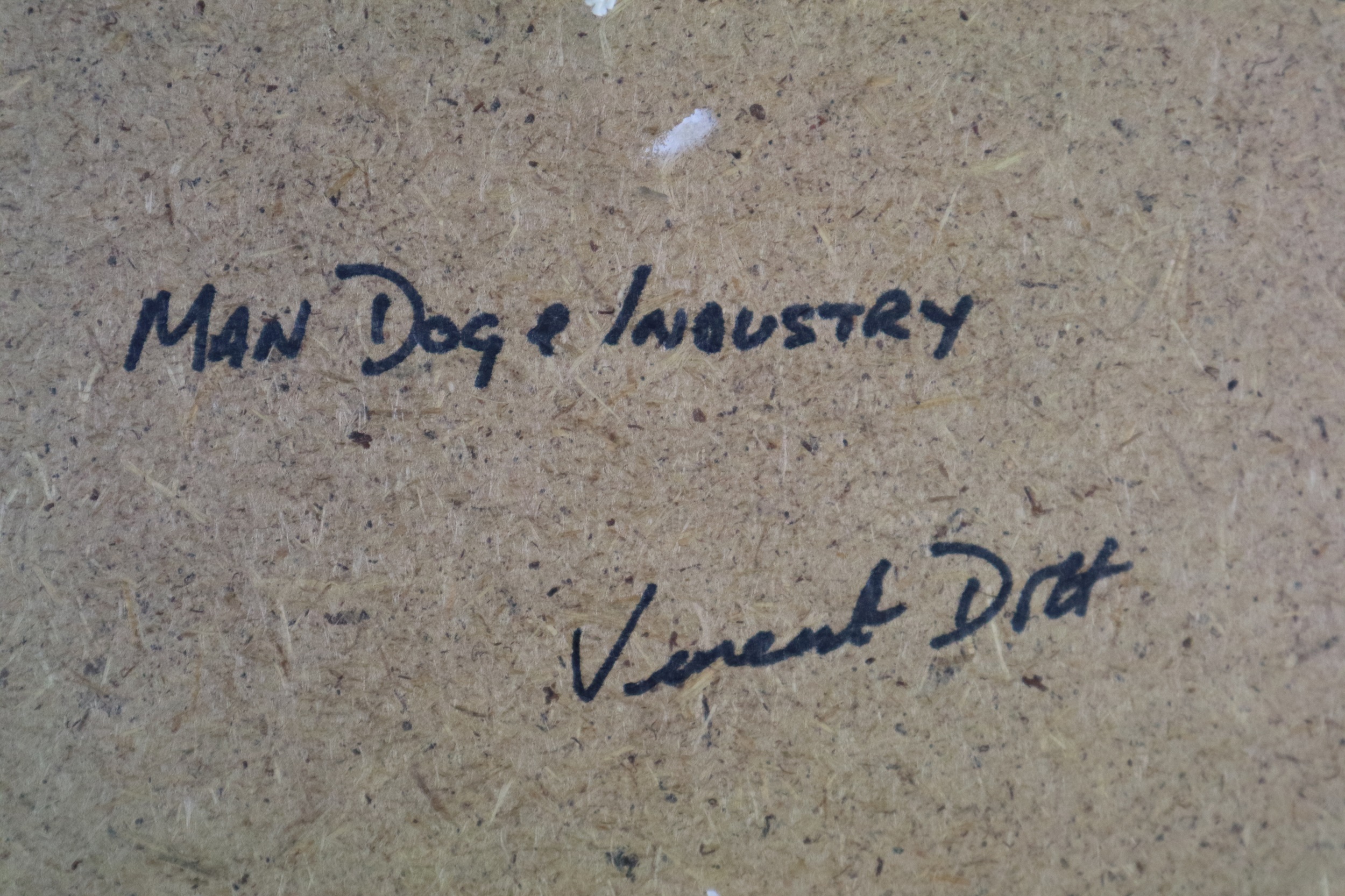 Vincent Dott (British Northern School) Man, Dog and Industry, signed lower left, titled verso, oil - Image 4 of 4