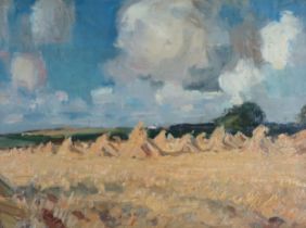 A.G.Quigley (British, 20th century) Landscape with haystacks at Bidston, Wirral, oil on board,