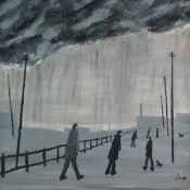 Vincent Dott (British Northern School) Walking in the Rain, signed lower right, titled verso, oil on