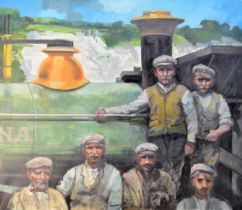 Henry Collins (1910-1994) Quarry Engine 'Lena' and Workers, Wales, signed lower left, dated 1983 oil