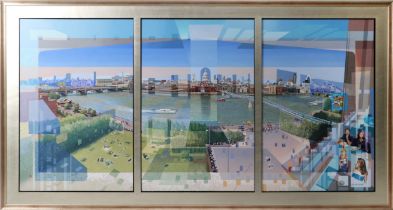 Les Matthews (British b. 1946) St Pauls from the Tate Modern Balcony, triptych oil on canvas, signed