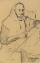 Philip Naviasky (1894-1983) Old Woman in Shawl, signed pencil lower left, charcoal, measurements