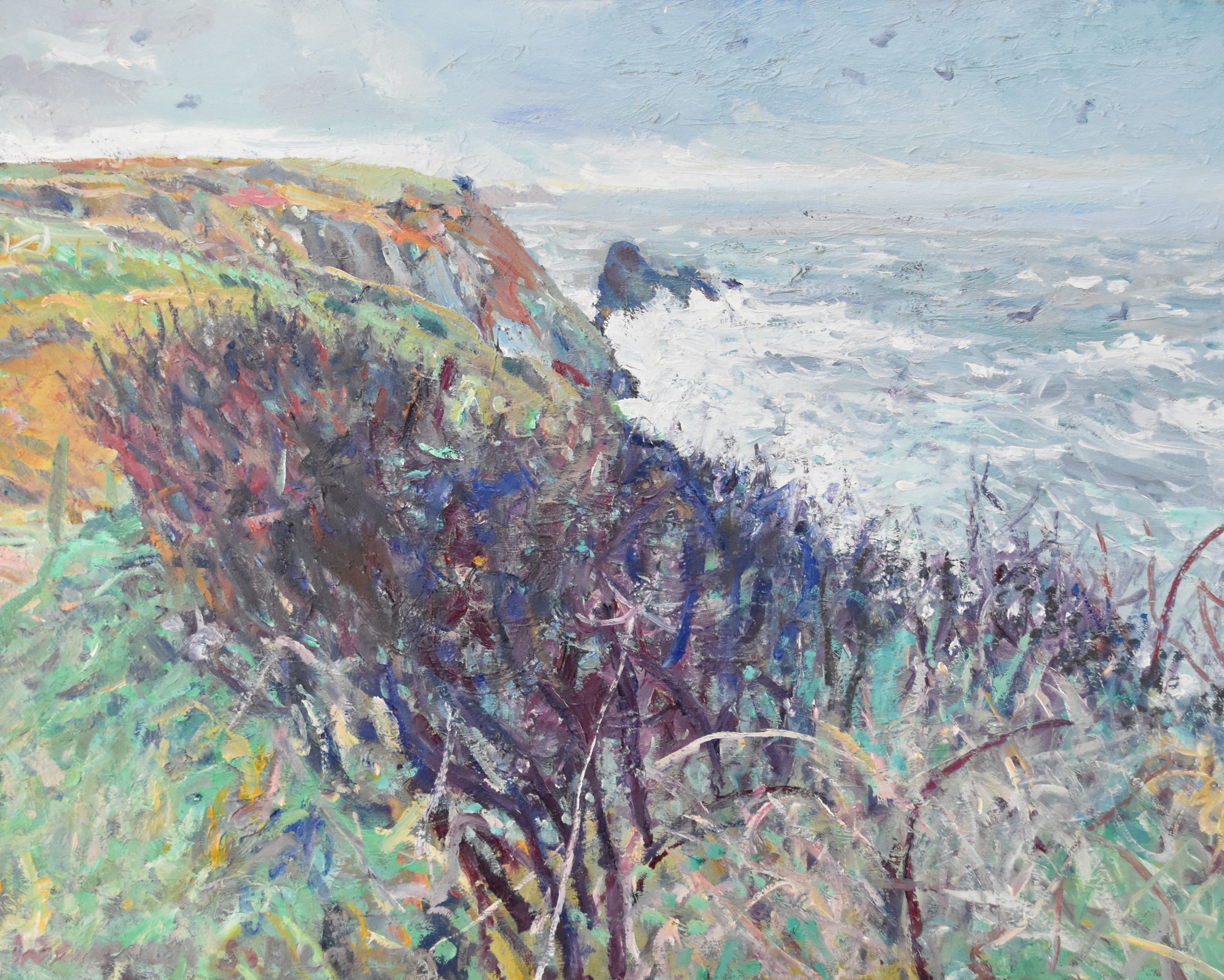 Warren S Heaton (20th-21st Century) Coasting new Pwll Llong, blackthorn and stormy seas, 2016, oil