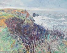 Warren S Heaton (20th-21st Century) Coasting new Pwll Llong, blackthorn and stormy seas, 2016, oil