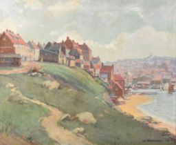 Walter Ashworth (British 1883-1952) Coastal Town, signed lower right, oil on canvas, measurements 51