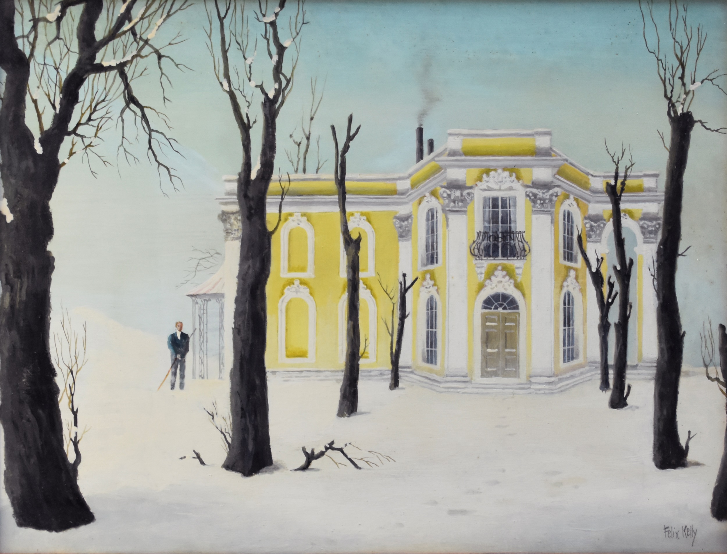 Felix Kelly (New Zealand 1914-1994) Viennese Pavilion, a gentleman standing by a country house, in a