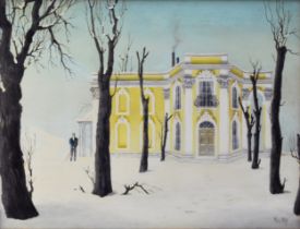 Felix Kelly (New Zealand 1914-1994) Viennese Pavilion, a gentleman standing by a country house, in a