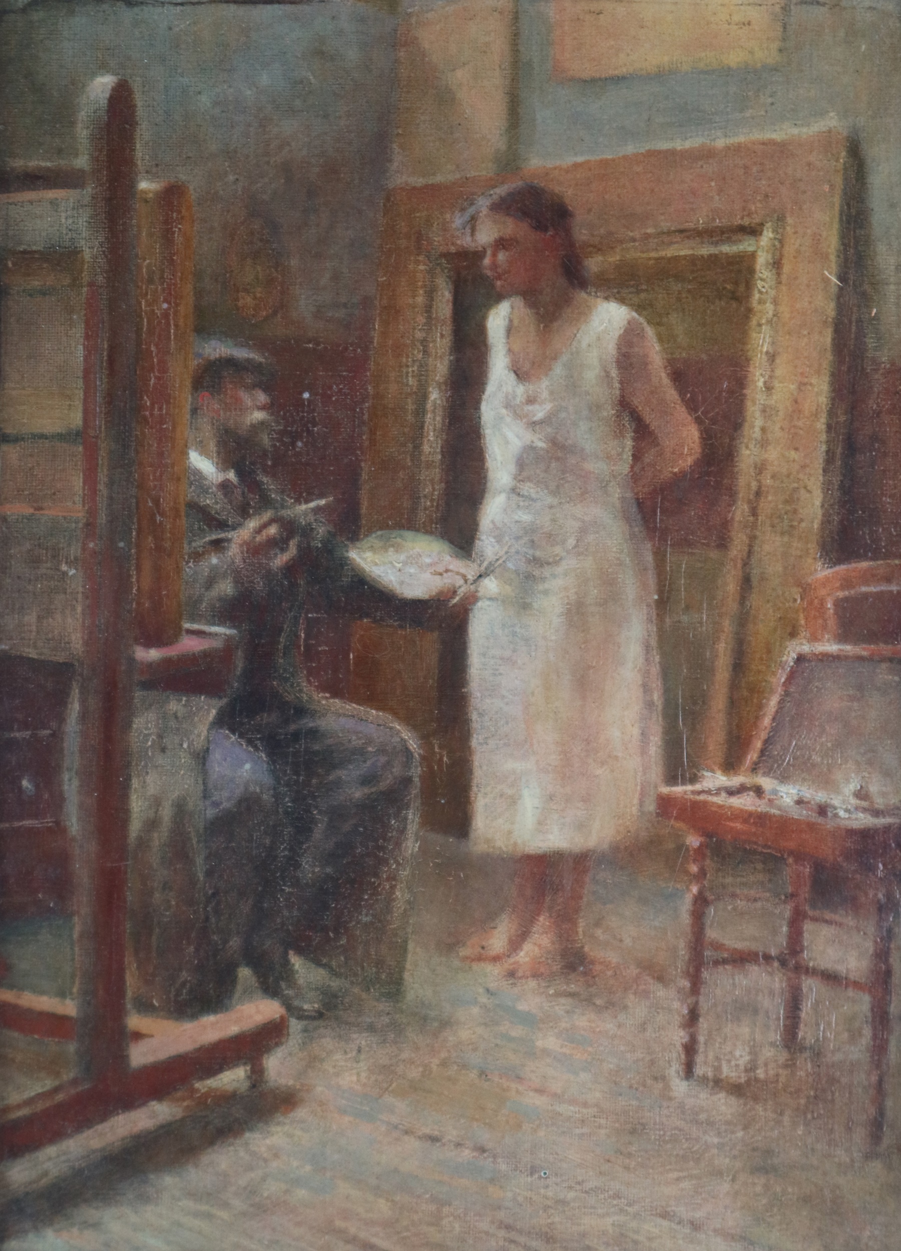 British School (20th century) An artist and model in a studio, oil on canvas laid on board,