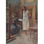 British School (20th century) An artist and model in a studio, oil on canvas laid on board,