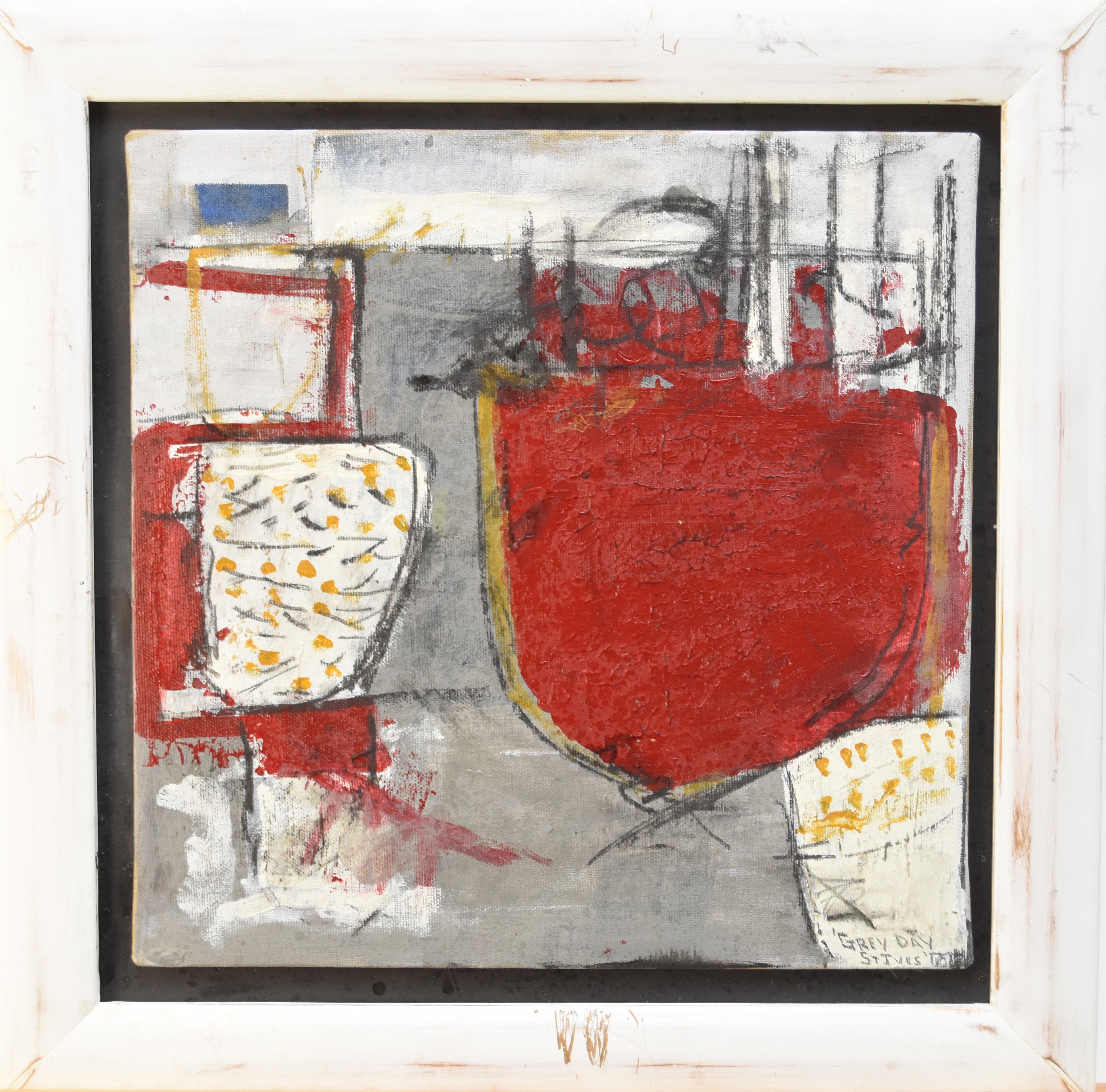 Cornish School (20th Century) Grey Day with Red Boat, St. Ives, titled lower right, oil on canvas - Image 2 of 4