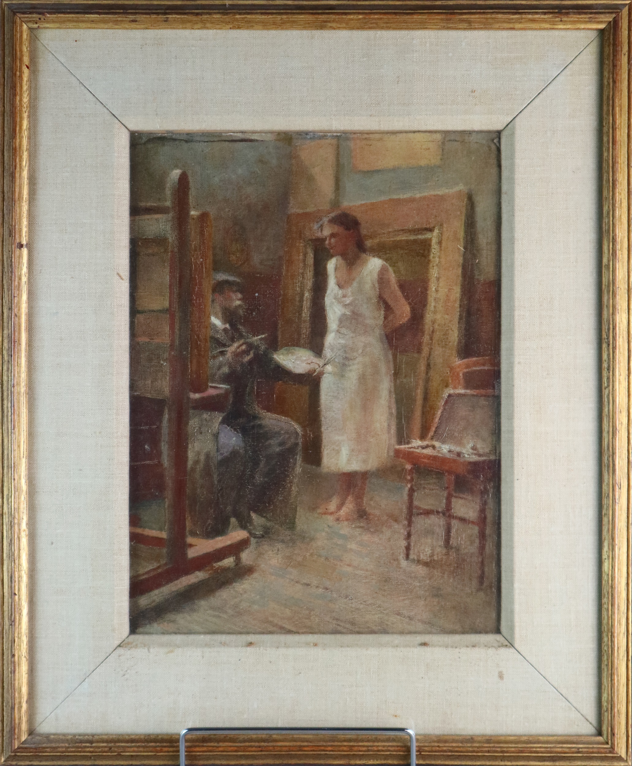 British School (20th century) An artist and model in a studio, oil on canvas laid on board, - Image 2 of 3