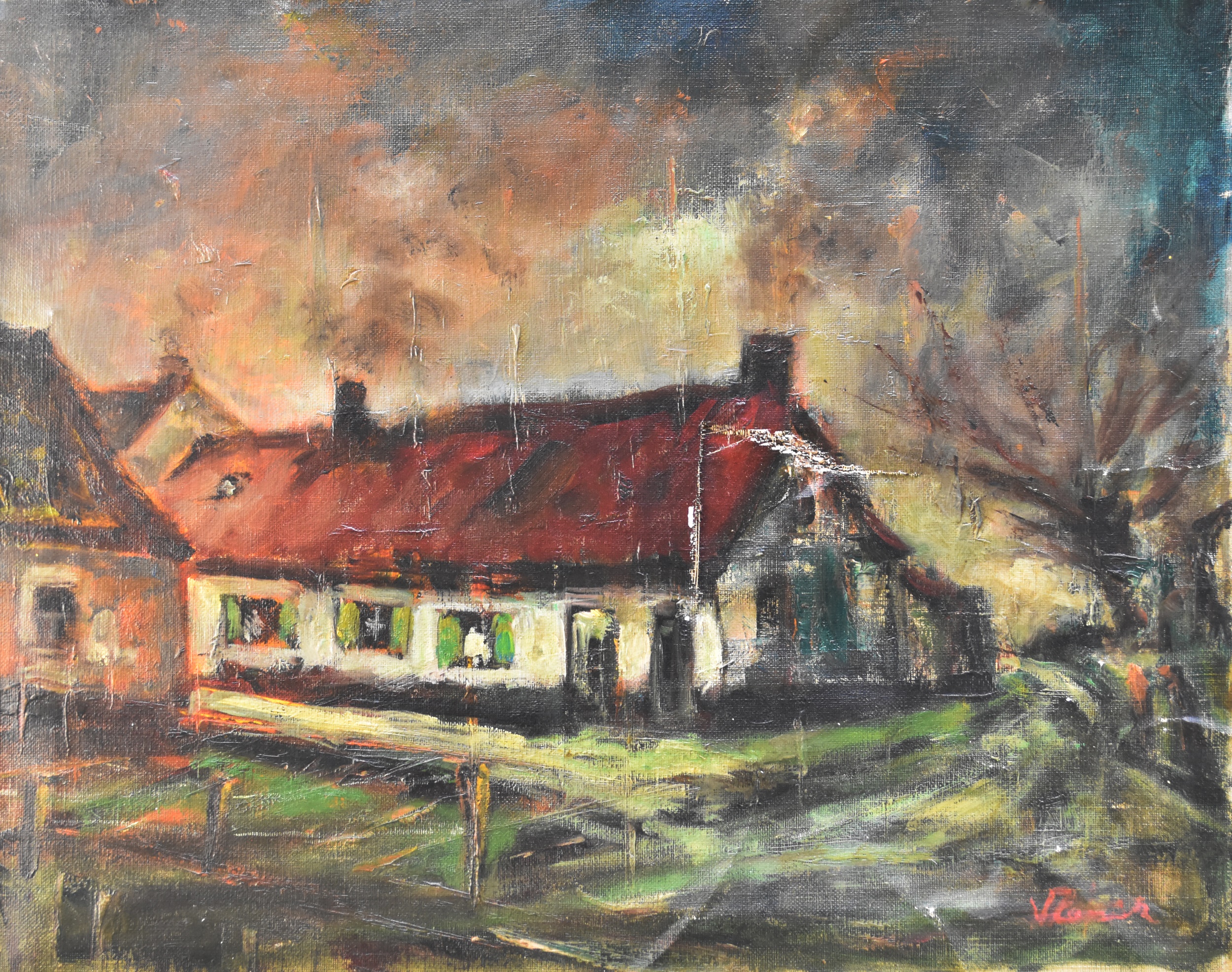 R Coxon (British School 20th Century) Waterside cottage, oil on canvas, measurements 65 x 81 cm,