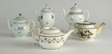 Five assorted earthenware and porcelain teapots and covers early 19th century including a teapot