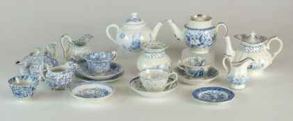 An assorted collection of blue and white toy wares, predominantly transfer-printed early-mid 19th