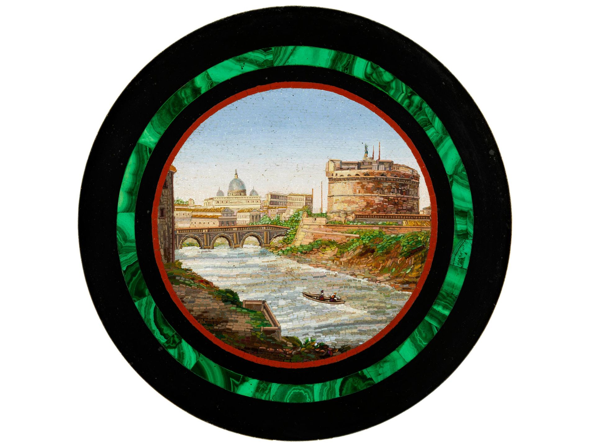 Feines rundes Mikromosaik mit der Darstellung „Blick auf den Tiber mit der Engelsburg“