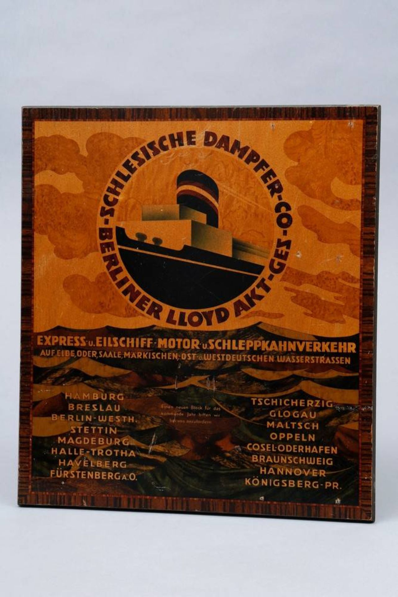 Kalender-Werbetafel, "Schlesischer Dampfer-Co-Berliner Lloyd Akt-Gez", um 1920/