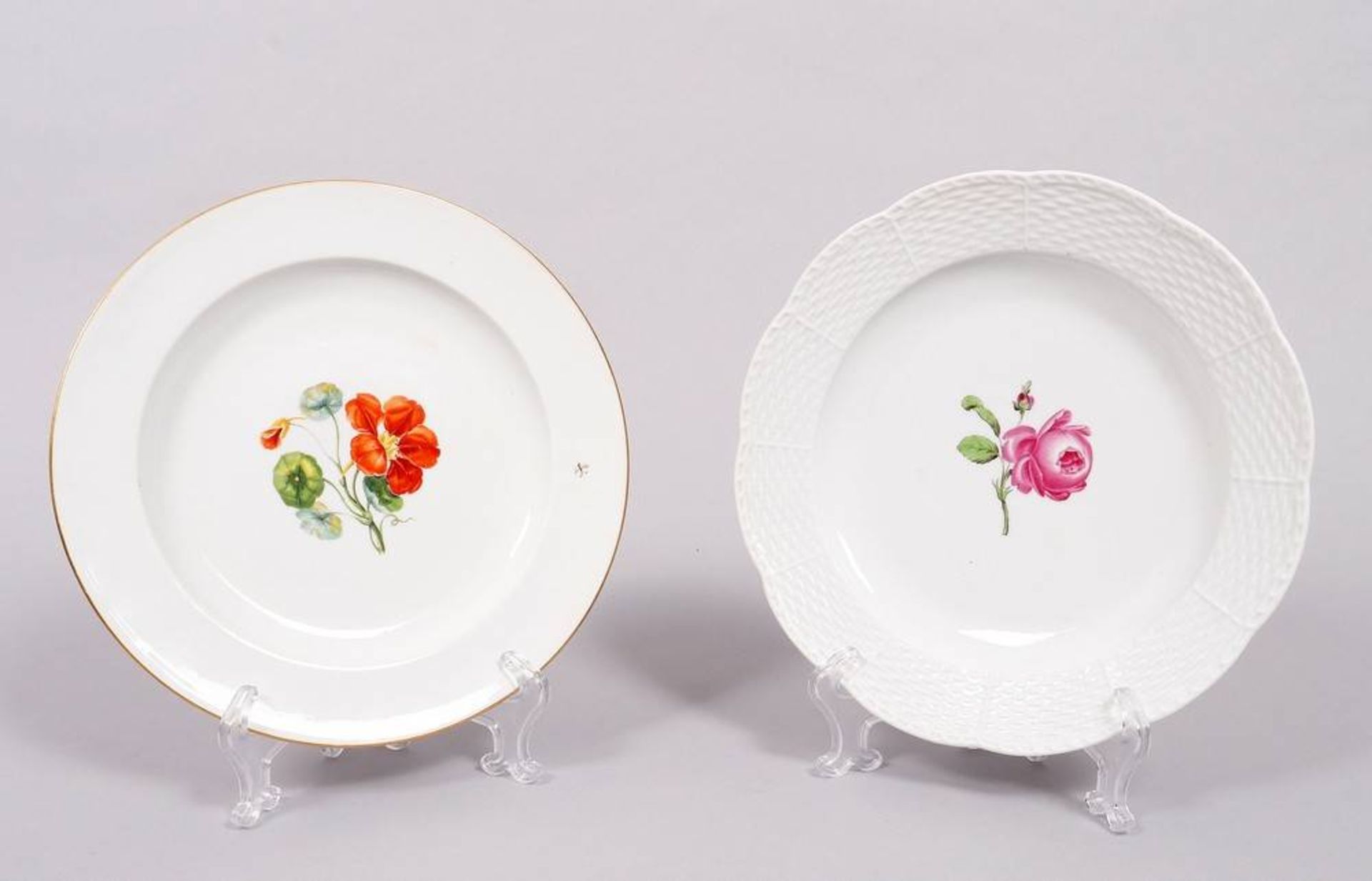 2 plates, Meissen, 1x floral decor (Marcolini period, 1774-1817), 1x decor "Red Rose" (1817-1824)