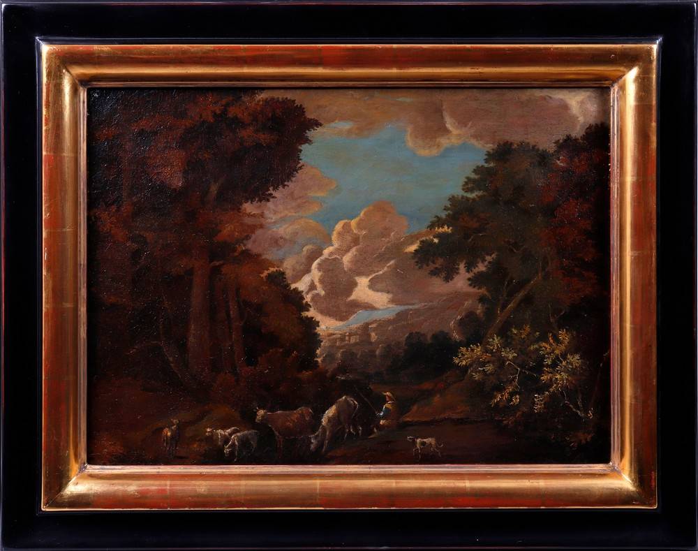 Idyllic landscape with cattle and anglers, mid-19th C.