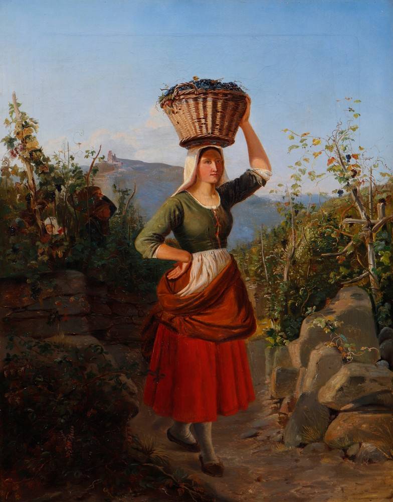 Woman harvesting, balancing a basket of dark grapes on her head, 1841 - Image 2 of 3