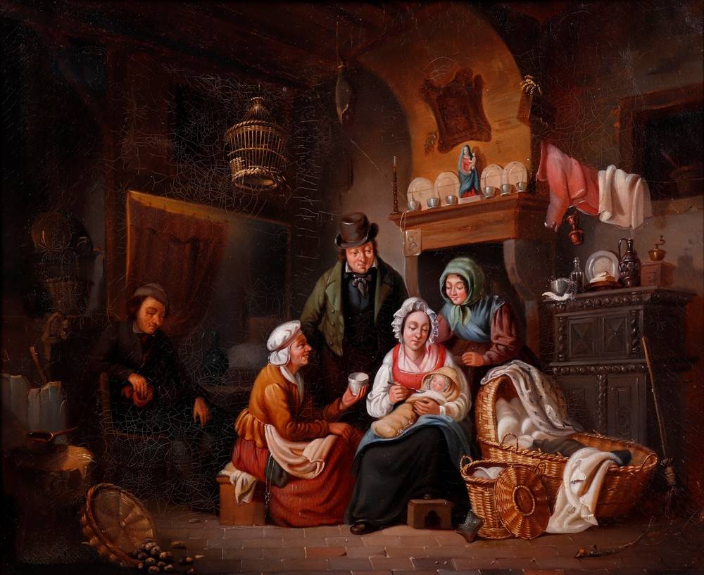Genre scene with family grouped around an infant - Image 2 of 4