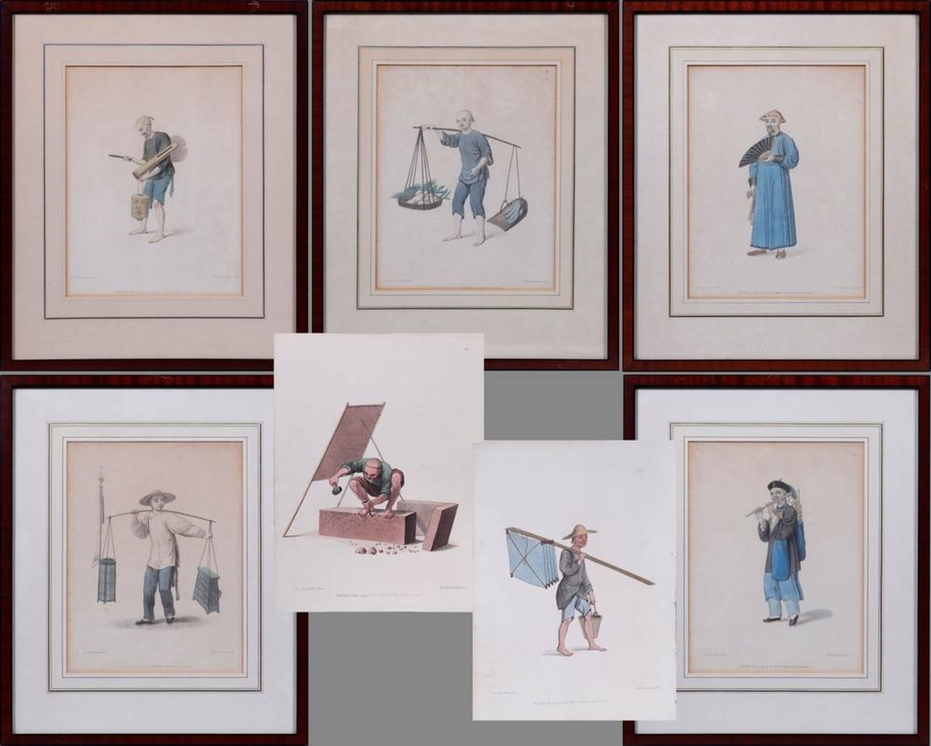 7 prints from the series "The Costume of China“ coloured, John Dadley after drawings by Pu-Qua from