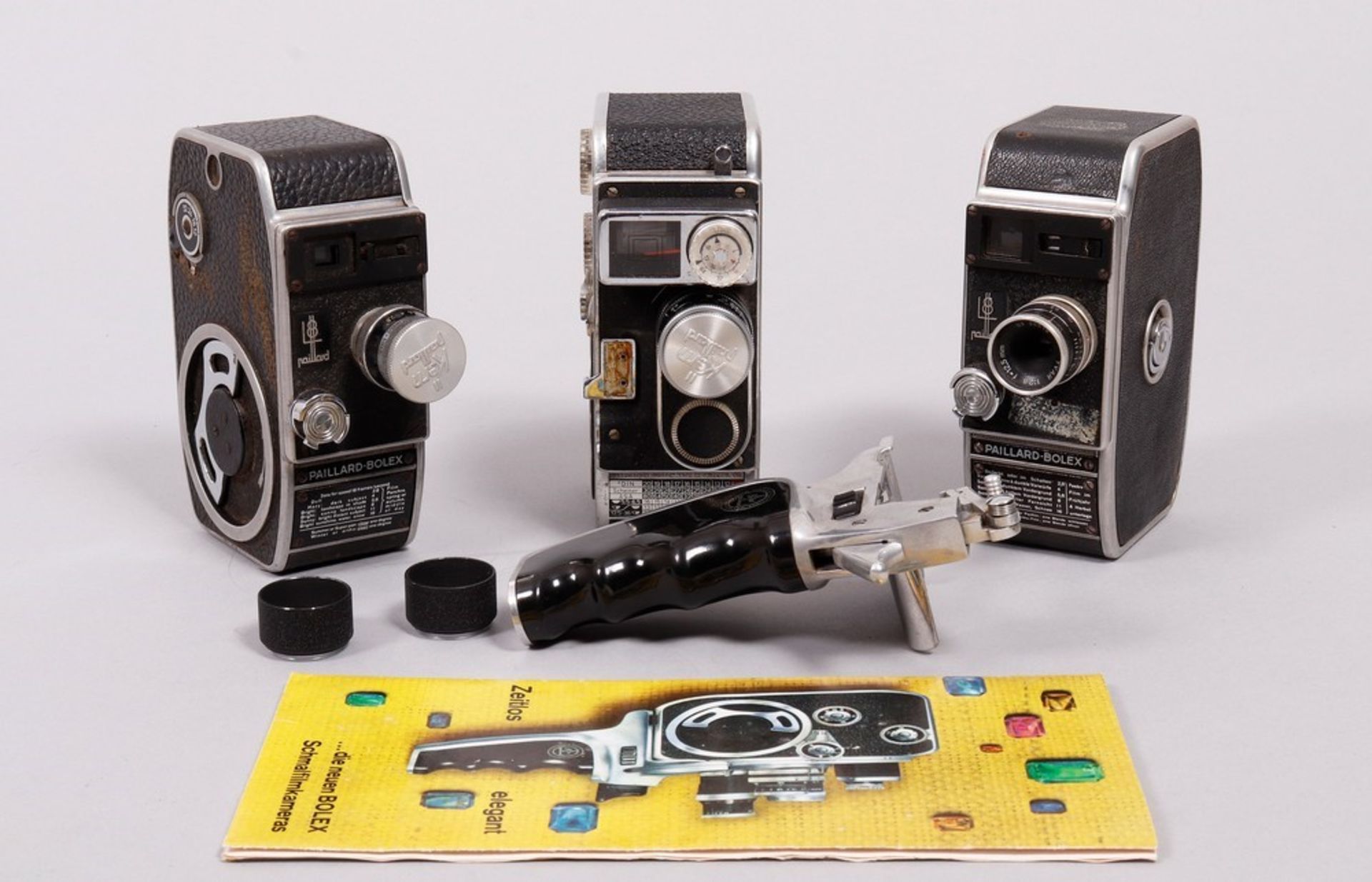 3 8mm film cameras, Bolex & Paillard, mid-20th C.