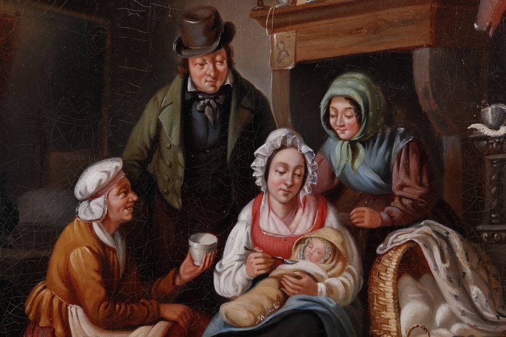 Genre scene with family grouped around an infant - Image 3 of 4